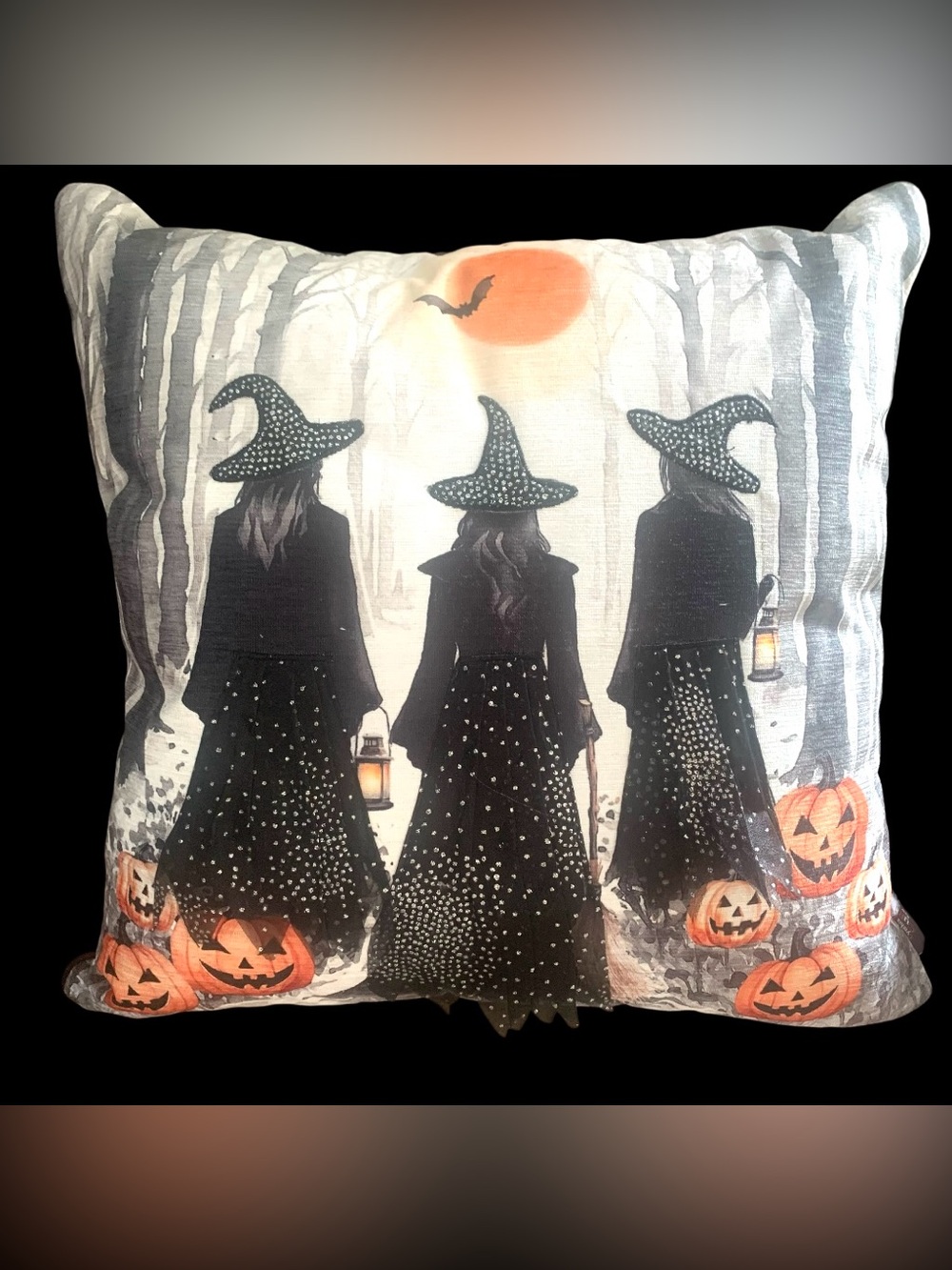 Cynthia Rowley Halloween Pillow 3D Witch Trio Jack O Lantern Pumpkins Bat 20x20